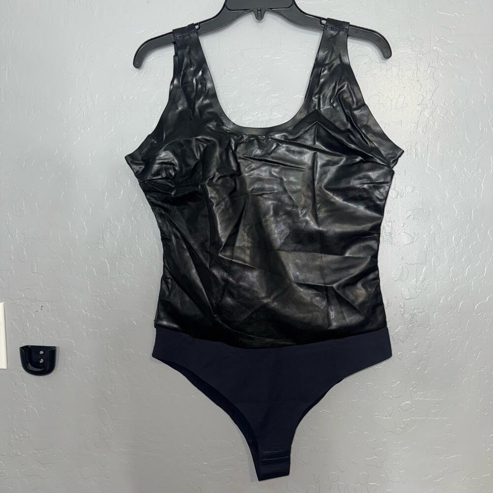 Pinsy Vegan Leather Scoop Tank Shapewear Bodysuit, Black, 1X